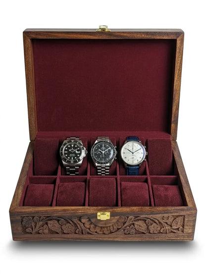 Handcrafted Wooden Watch Box | Plain Top, Carved Sides, Shape-Holding Cushions, 10 Watches
