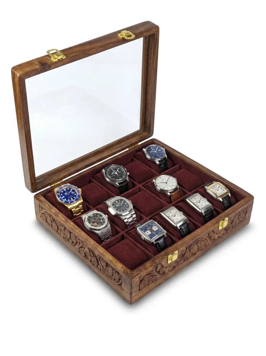 Handcrafted Wooden Watch Box 15 Slots | Glass Lid, All-Around Carved, Shape-Holding Cushions | Sheesham Wood