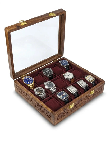 Handcrafted Wooden Watch Box 15 Slots | Glass Lid, All-Around Carved, Shape-Holding Cushions | Sheesham Wood