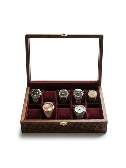 Handcrafted Wooden Watch Box | Glass Lid, Hand-Carved Panels, Shape-Holding Cushions, 10 Watches