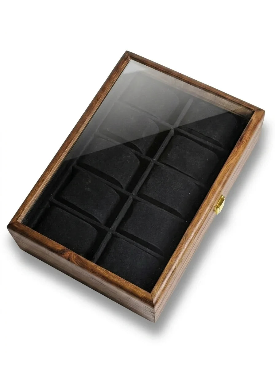 Handcrafted Wooden Watch Box | Glass Lid, Plain Design, Shape-Holding Cushions, 10 Watches