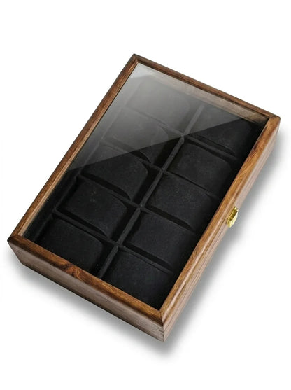 Handcrafted Wooden Watch Box | Glass Lid, Plain Design, Shape-Holding Cushions, 10 Watches