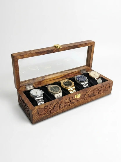 Handcrafted Wooden Watch Box 5 Slots | All-Around Carved | Soft Velvet | Sheesham Wood