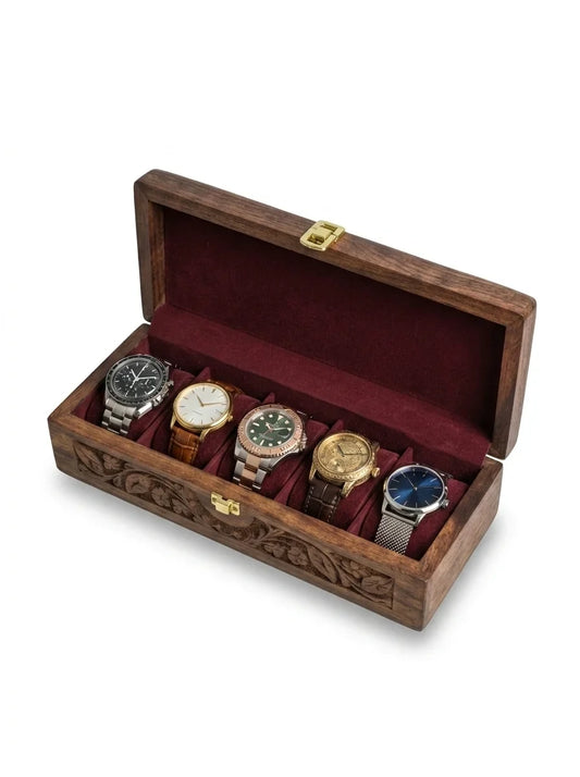 Handcrafted Wooden Watch Box - 5 Slots | Carved Sides, Shape-Holding Cushions | Sheesham Wood