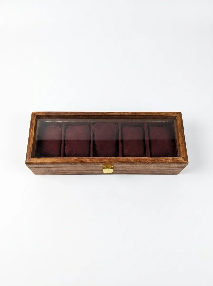 Handcrafted Sheesham Wood Watch Box with Glass Lid | Organizer for 5 Watches