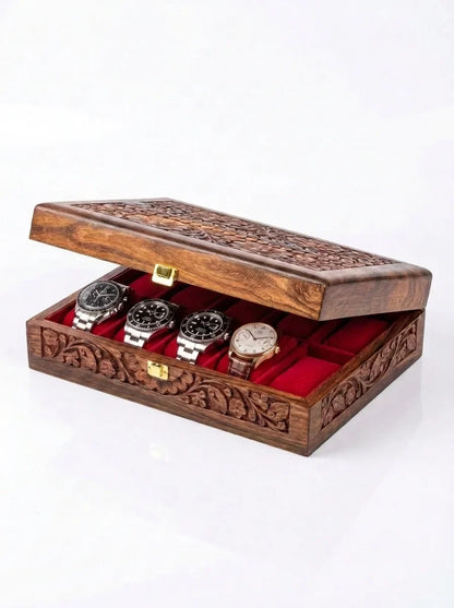 Handcrafted Wooden Watch Box 10 Slots | All-Around Carved | Soft Velvet | Sheesham Wood