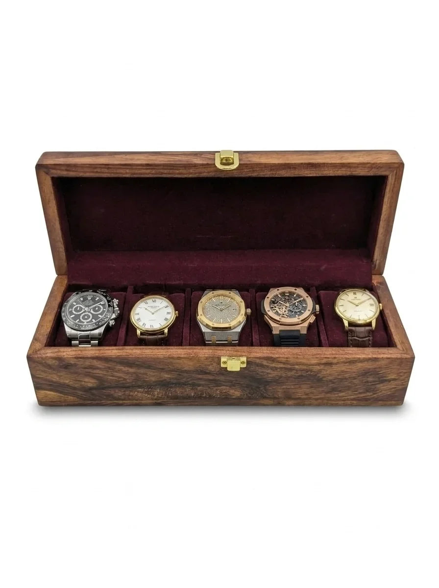 Handcrafted Wooden Watch Box 5 Slots | Plain Design | Sheesham Wood