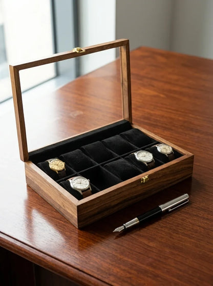 Handcrafted Wooden Watch Box | Glass Lid, Plain Design, Shape-Holding Cushions, 10 Watches
