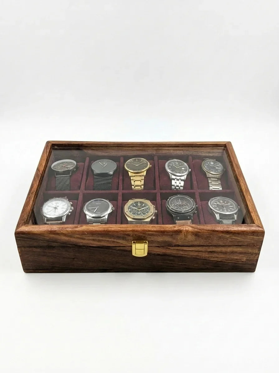 Handcrafted Wooden Watch Box 10 Slots | Glass Lid, Plain Design | Sheesham Wood