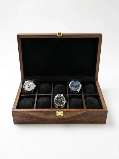 Handcrafted Wooden Watch Box, 10 Slots | Plain Top, Plain Design | Sheesham Wood