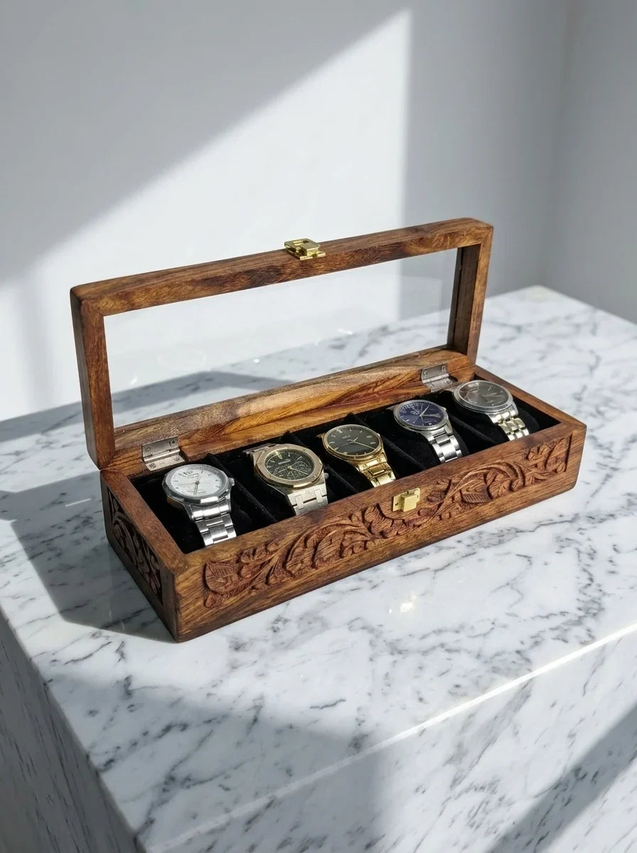 Handcrafted Wooden Watch Box 5 Slots | All-Around Carved | Soft Velvet | Sheesham Wood