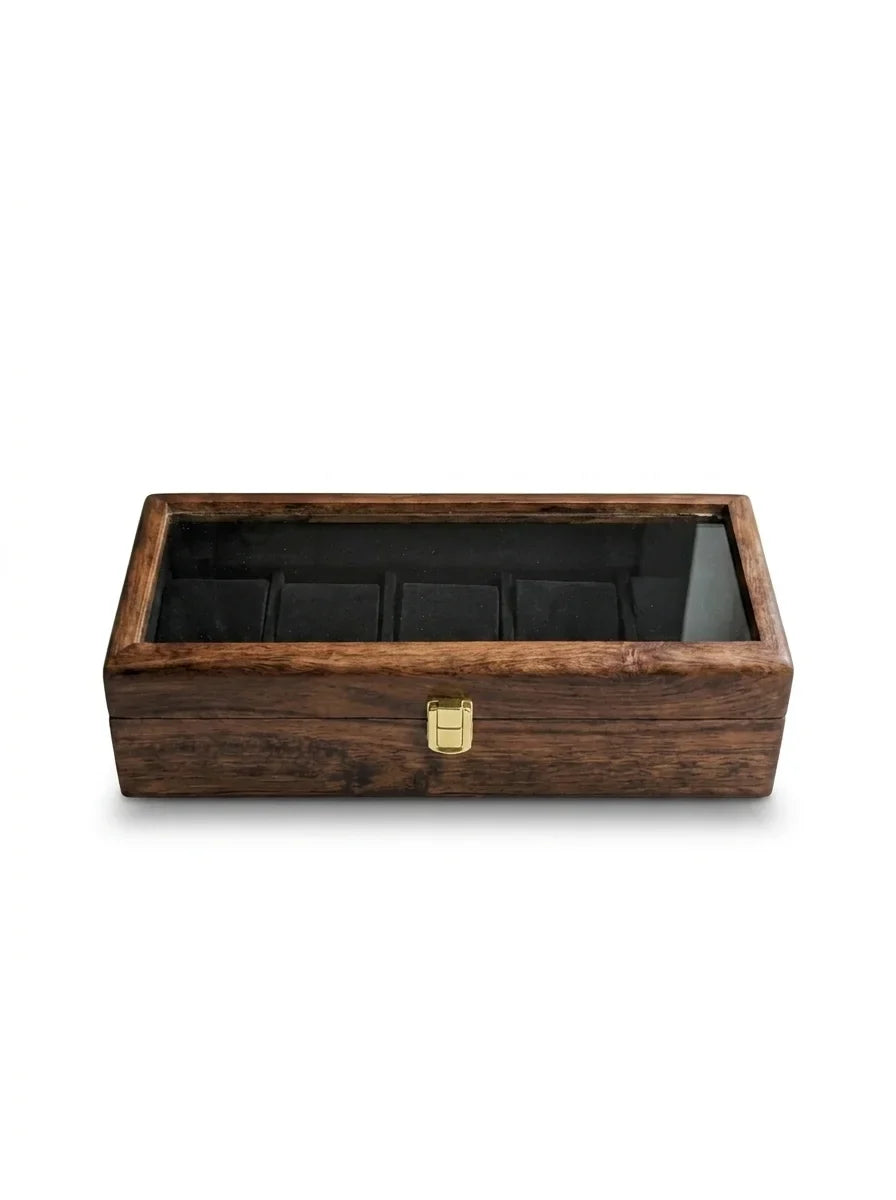 Handcrafted Wooden Watch Box 5 Slots | Glass Lid, Shape-Holding Cushions | Sheesham Wood