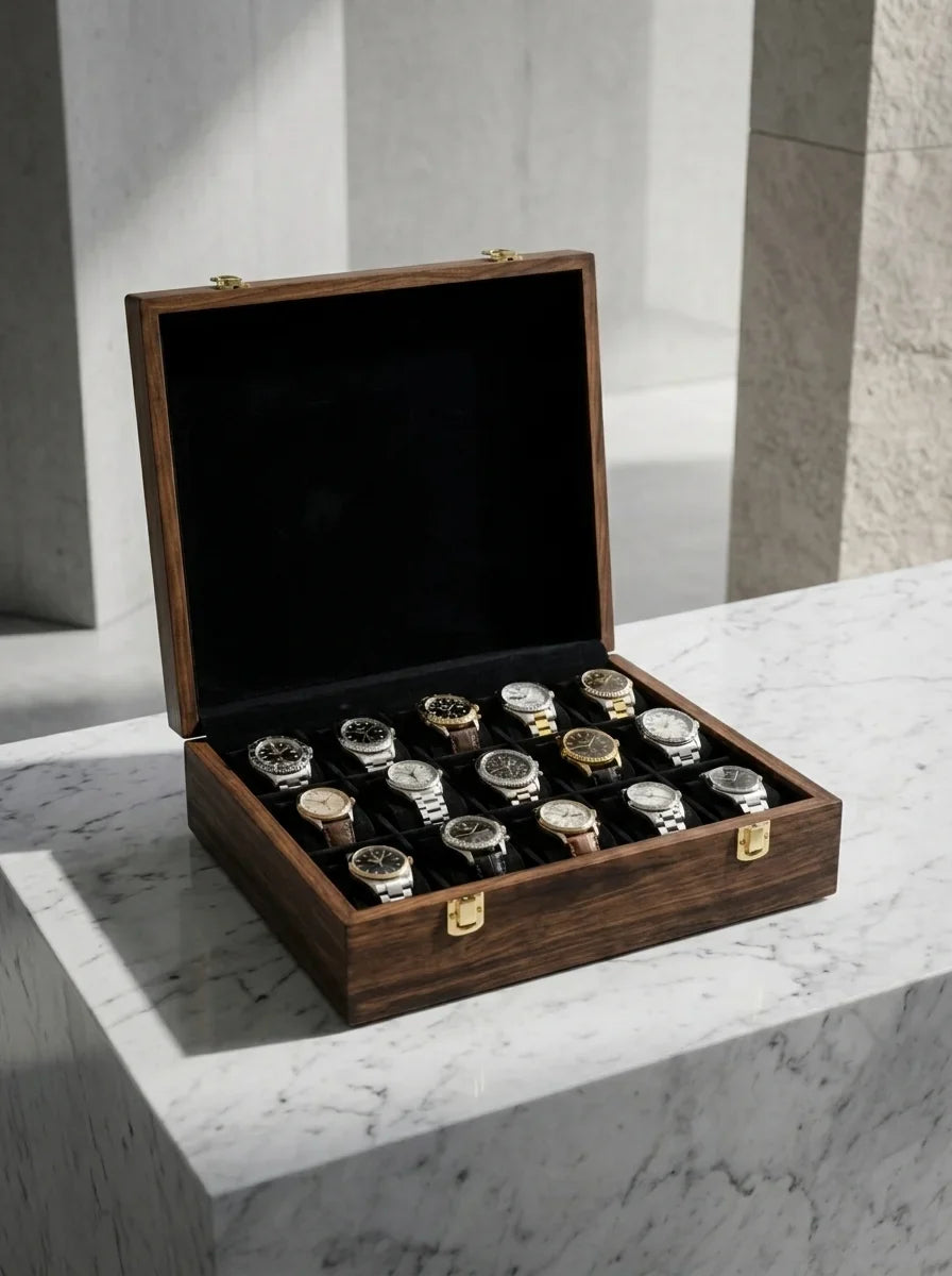 Handcrafted Wooden Watch Box | Plain Top, Plain Design, Shape-Holding Cushions, 15 Watches