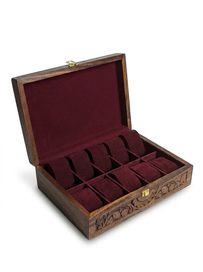 Handcrafted Wooden Watch Box | Plain Top, Carved Sides, Shape-Holding Cushions, 10 Watches