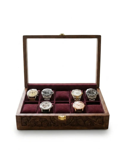 Handcrafted Wooden Watch Box | Glass Lid, Hand-Carved Panels, Shape-Holding Cushions, 10 Watches