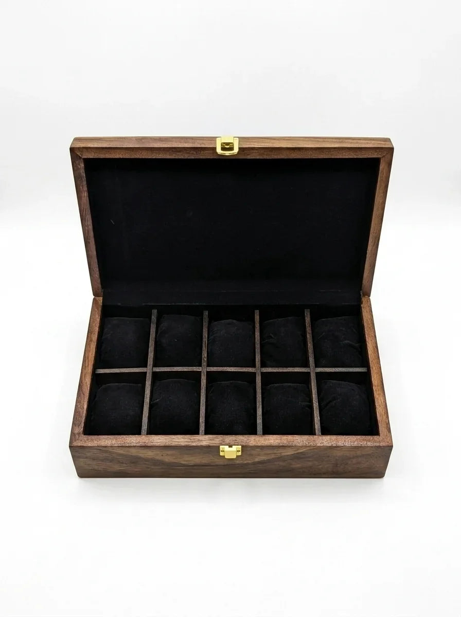 Handcrafted Wooden Watch Box, 10 Slots | Plain Top, Plain Design | Sheesham Wood