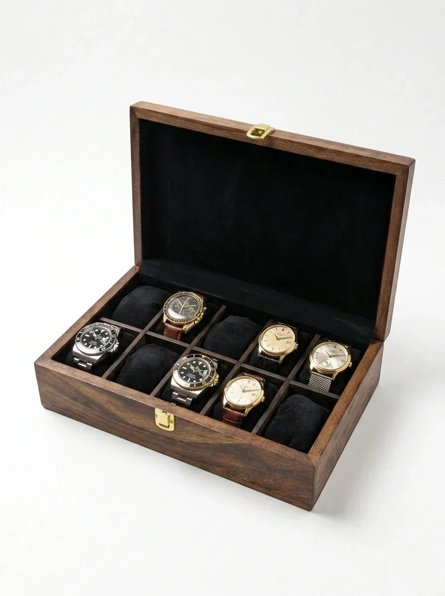 Handcrafted Wooden Watch Box, 10 Slots | Plain Top, Plain Design | Sheesham Wood