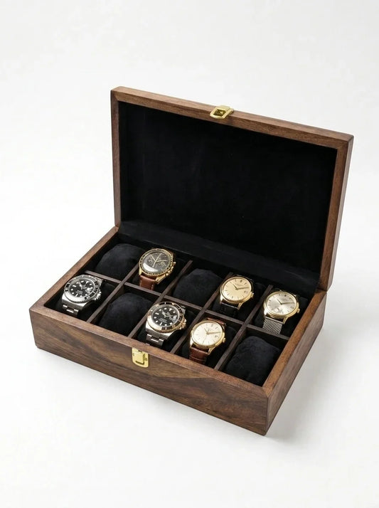 Handcrafted Wooden Watch Box, 10 Slots | Plain Top, Plain Design | Sheesham Wood