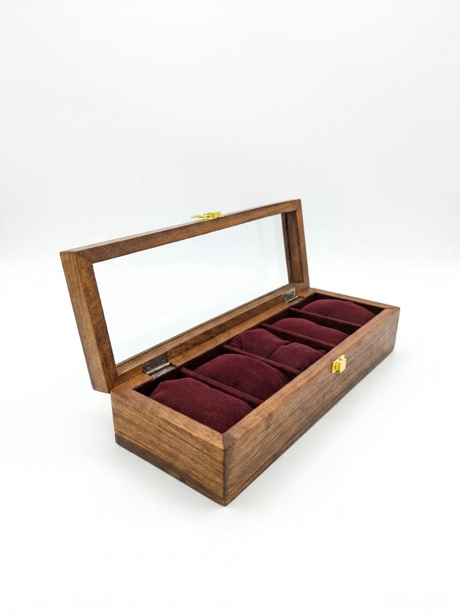 Handcrafted Sheesham Wood Watch Box with Glass Lid | Organizer for 5 Watches