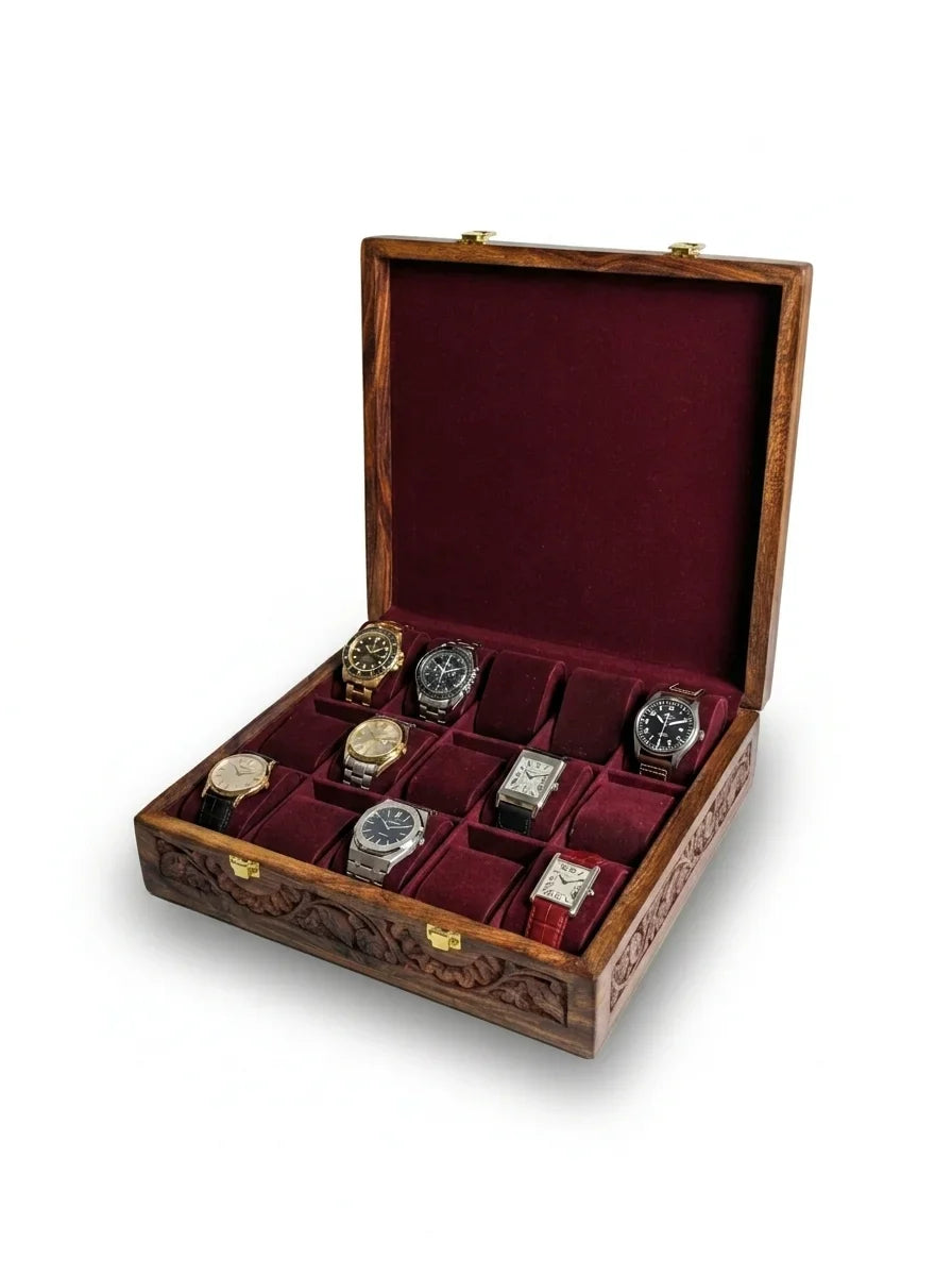 Handcrafted Wooden Watch Box | Plain Top, Carved Sides, Shape-Holding Cushions, 15 Watches