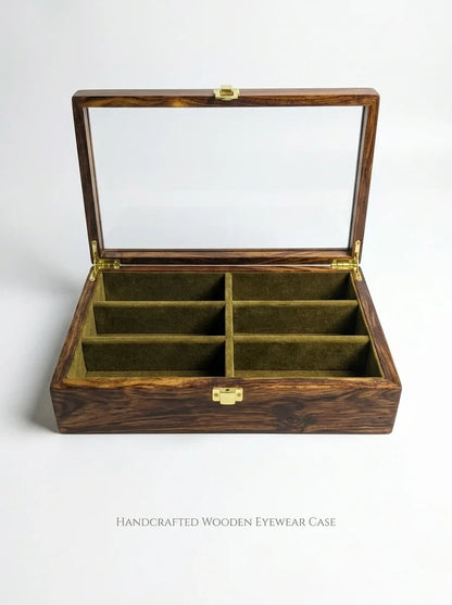 Handcrafted Wooden Sunglasses Organizer Box 6 Slots | Hand-Carved, Velvet Lined | Sheesham Wood