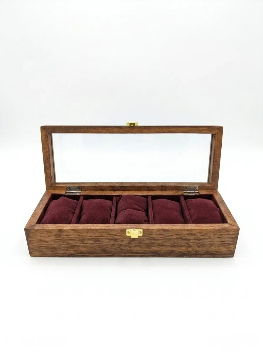 Handcrafted Sheesham Wood Watch Box with Glass Lid | Organizer for 5 Watches