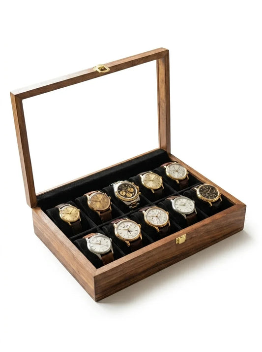 Handcrafted Wooden Watch Box | Glass Lid, Plain Design, Shape-Holding Cushions, 10 Watches