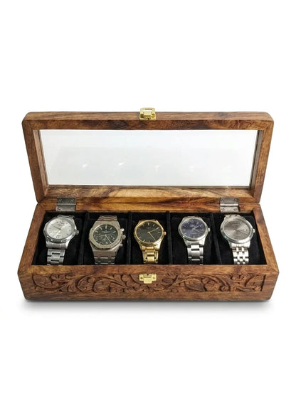 Handcrafted Wooden Watch Box 5 Slots | All-Around Carved | Soft Velvet | Sheesham Wood