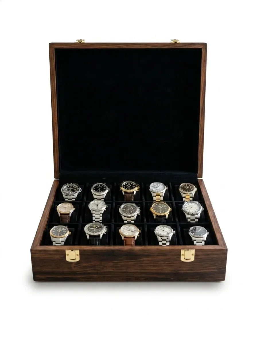 Handcrafted Wooden Watch Box | Plain Top, Plain Design, Shape-Holding Cushions, 15 Watches