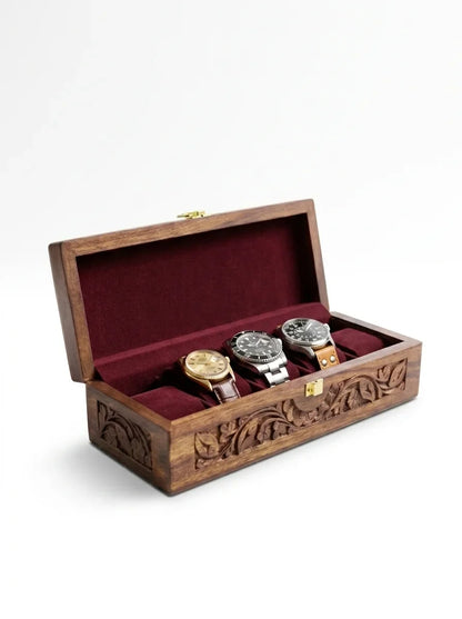 Handcrafted Wooden Watch Box - 5 Slots | Carved Sides, Shape-Holding Cushions | Sheesham Wood