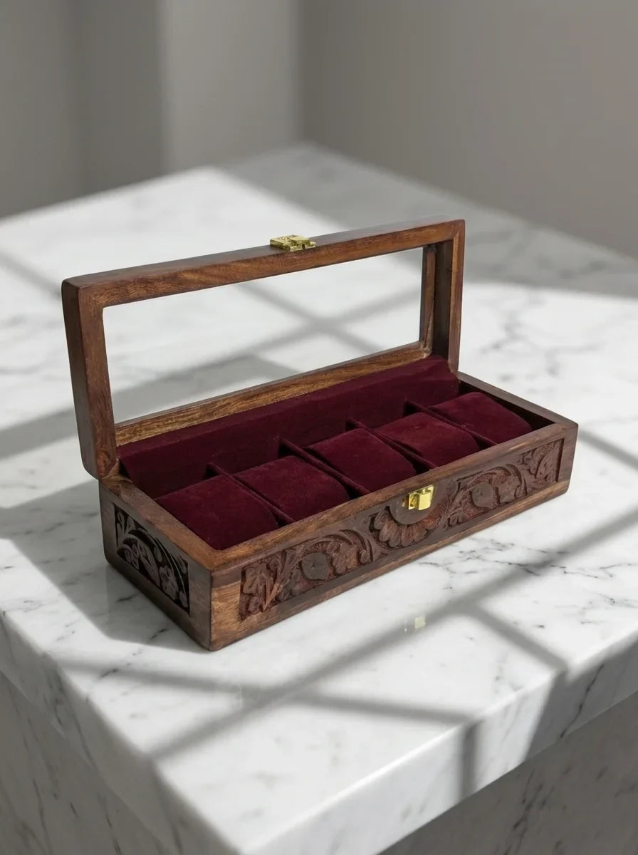 Handcrafted Wooden Watch Box | Glass Lid, Hand-Carved Panels, Shape-Holding Cushions, 5 Watches
