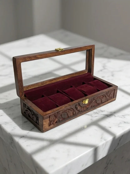 Handcrafted Wooden Watch Box | Glass Lid, Hand-Carved Panels, Shape-Holding Cushions, 5 Watches