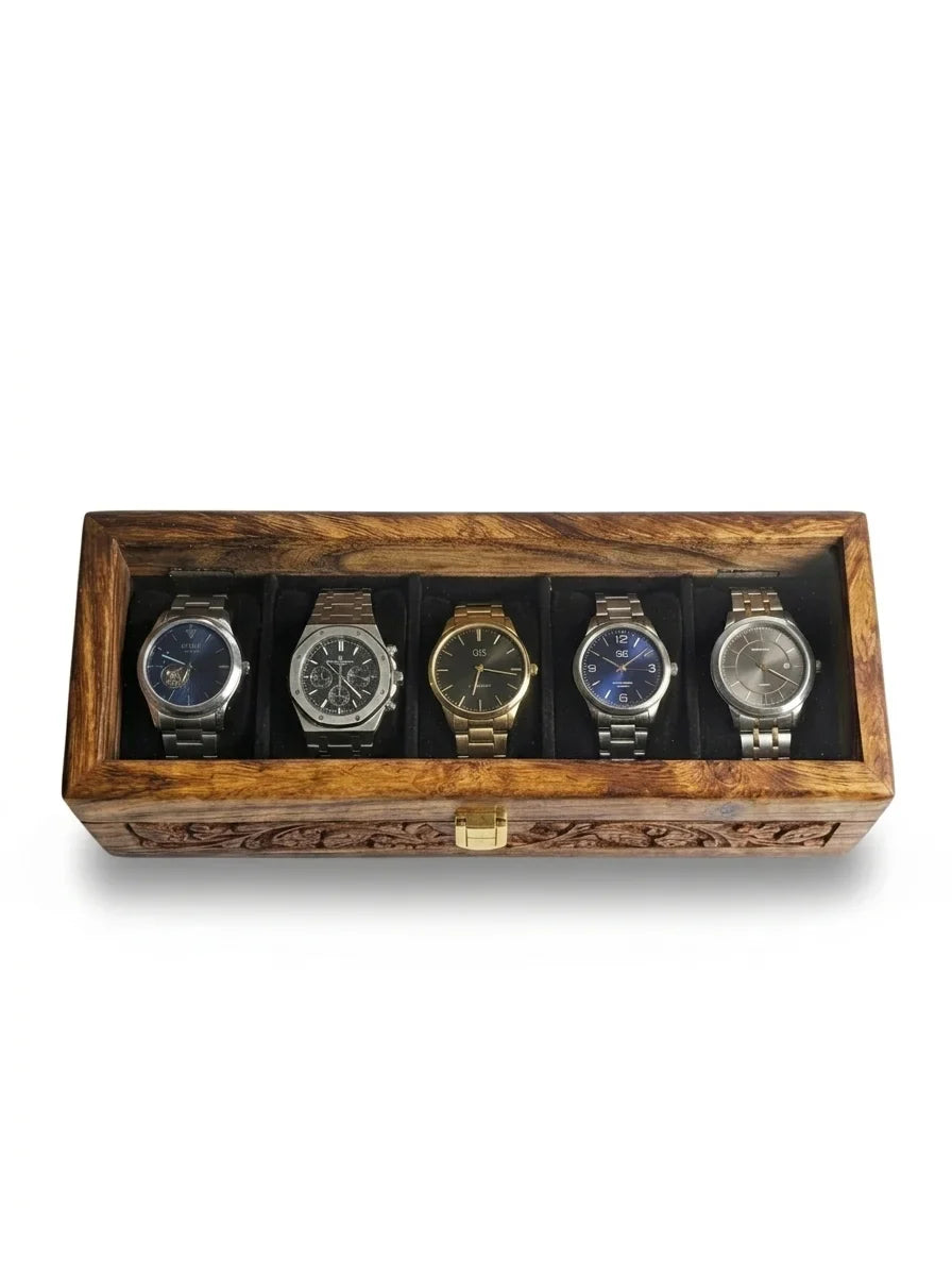 Handcrafted Wooden Watch Box 5 Slots | All-Around Carved | Soft Velvet | Sheesham Wood