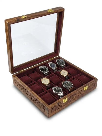 Handcrafted Wooden Watch Box 15 Slots | Glass Lid, All-Around Carved, Shape-Holding Cushions | Sheesham Wood