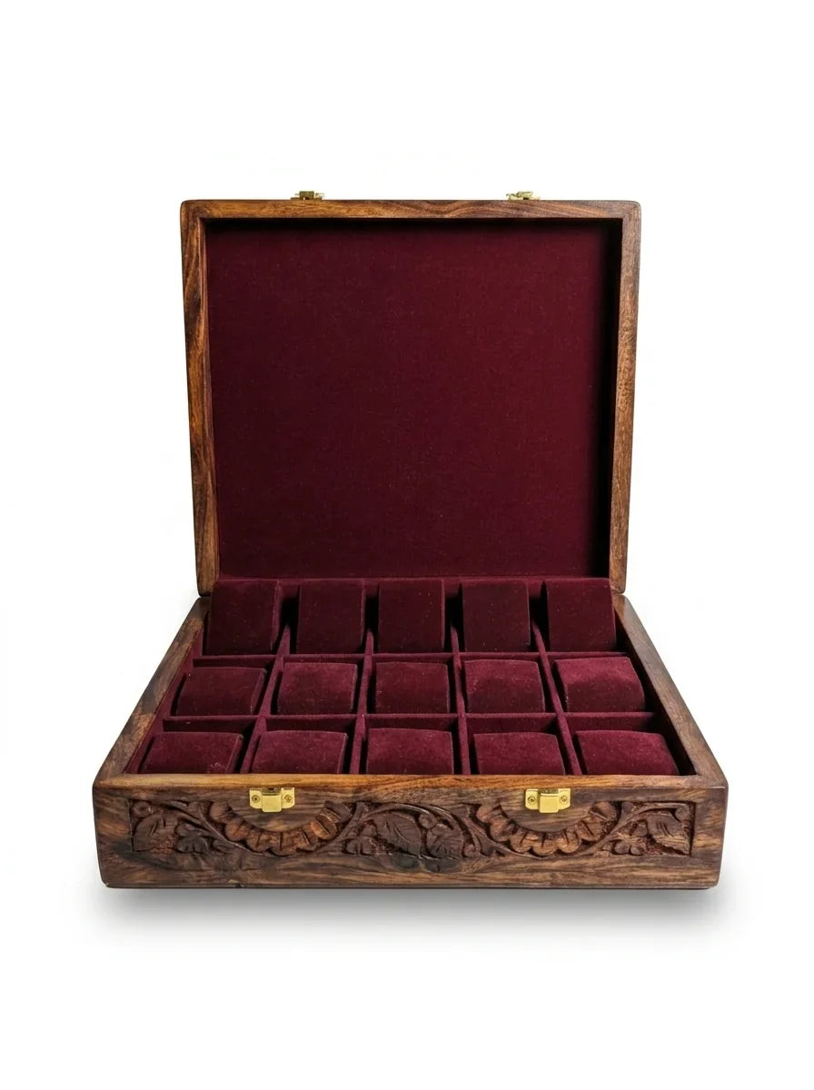 Handcrafted Wooden Watch Box | Plain Top, Carved Sides, Shape-Holding Cushions, 15 Watches