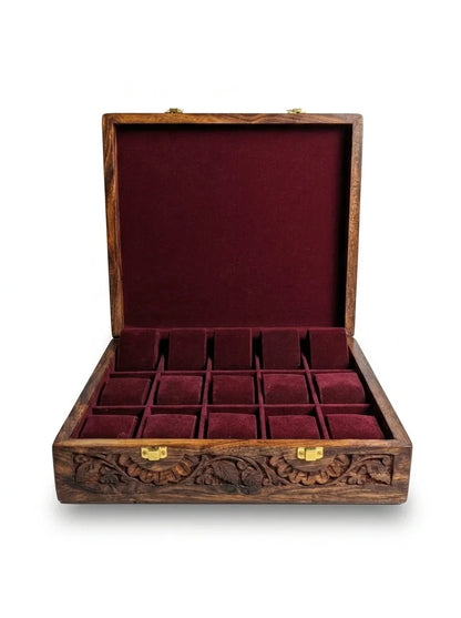 Handcrafted Wooden Watch Box | Plain Top, Carved Sides, Shape-Holding Cushions, 15 Watches