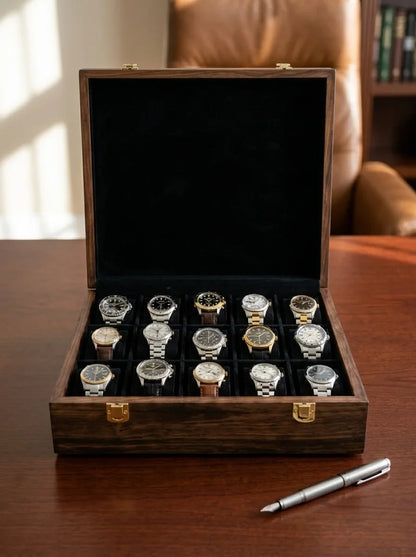 Handcrafted Wooden Watch Box | Plain Top, Plain Design, Shape-Holding Cushions, 15 Watches