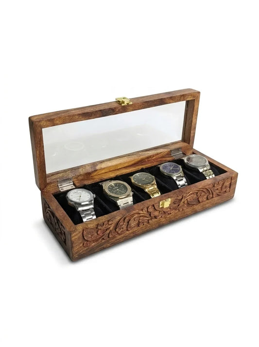 Handcrafted Wooden Watch Box 5 Slots | All-Around Carved | Soft Velvet | Sheesham Wood