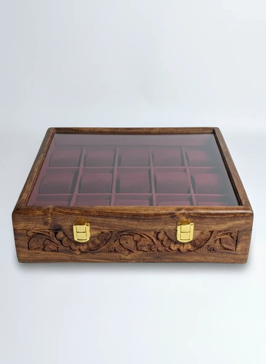 Handcrafted Wooden Watch Box 15 Slots | Glass Lid, All-Around Carved, Shape-Holding Cushions | Sheesham Wood