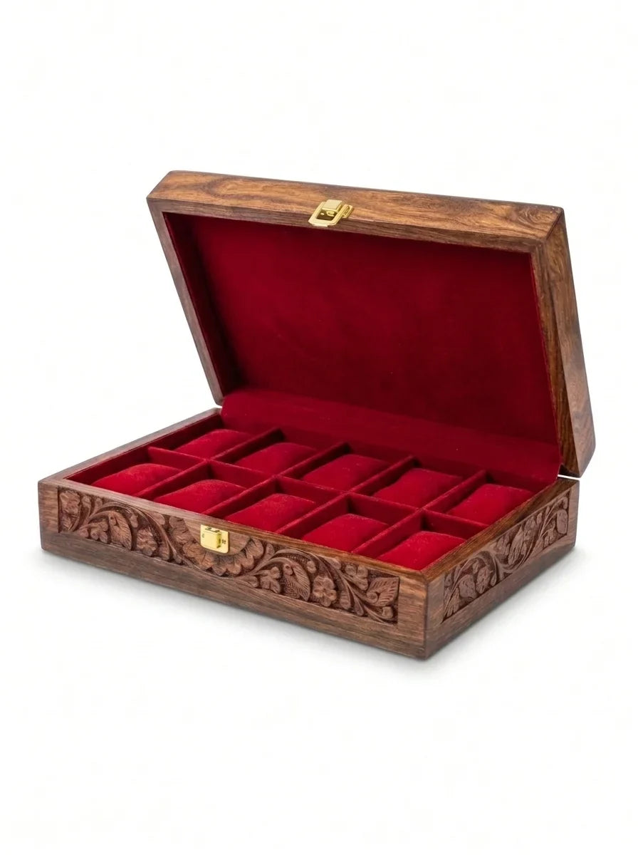 Handcrafted Wooden Watch Box 10 Slots | All-Around Carved | Soft Velvet | Sheesham Wood