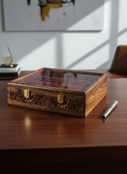 Handcrafted Wooden Watch Box 15 Slots | Glass Lid, All-Around Carved, Shape-Holding Cushions | Sheesham Wood
