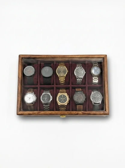 Handcrafted Wooden Watch Box 10 Slots | Glass Lid, Plain Design | Sheesham Wood
