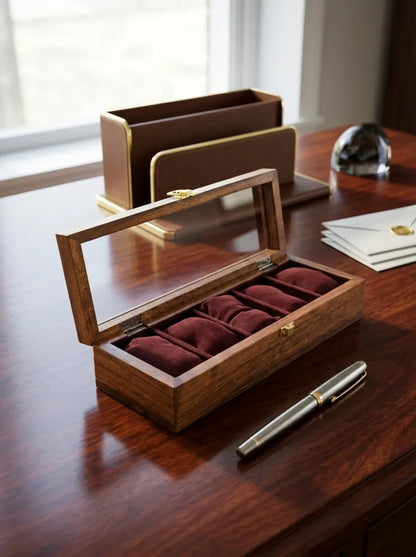 Handcrafted Sheesham Wood Watch Box with Glass Lid | Organizer for 5 Watches