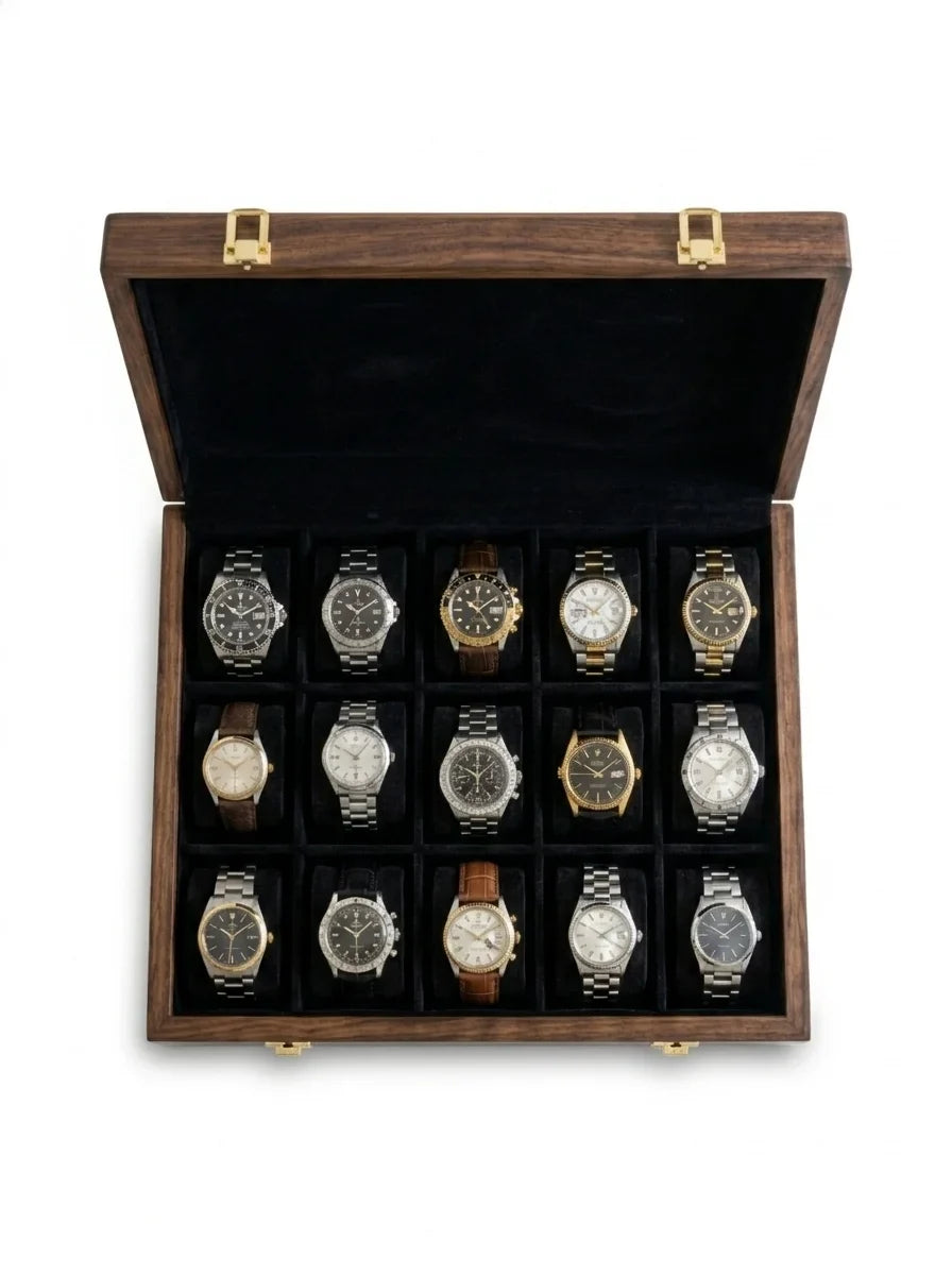 Handcrafted Wooden Watch Box | Plain Top, Plain Design, Shape-Holding Cushions, 15 Watches