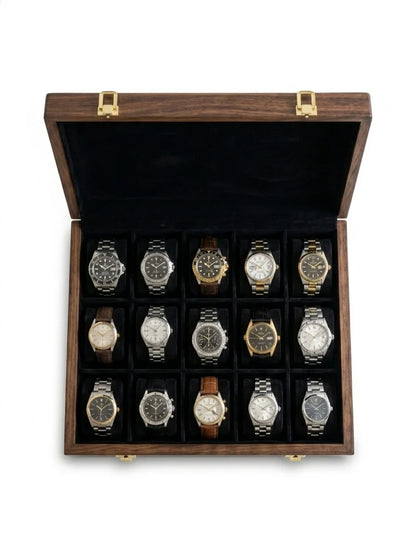 Handcrafted Wooden Watch Box | Plain Top, Plain Design, Shape-Holding Cushions, 15 Watches