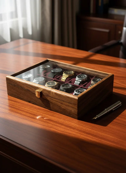 Handcrafted Wooden Watch Box 10 Slots | Glass Lid, Plain Design | Sheesham Wood