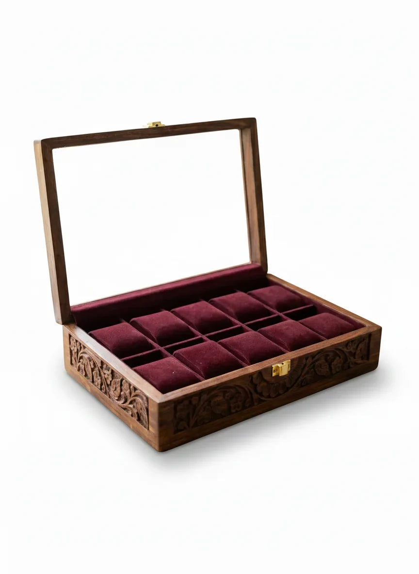 Handcrafted Wooden Watch Box | Glass Lid, Hand-Carved Panels, Shape-Holding Cushions, 10 Watches