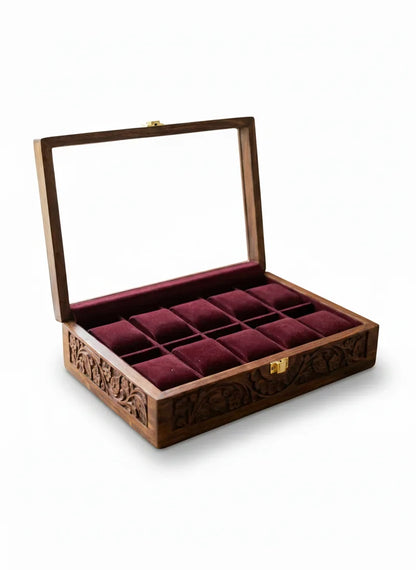Handcrafted Wooden Watch Box | Glass Lid, Hand-Carved Panels, Shape-Holding Cushions, 10 Watches