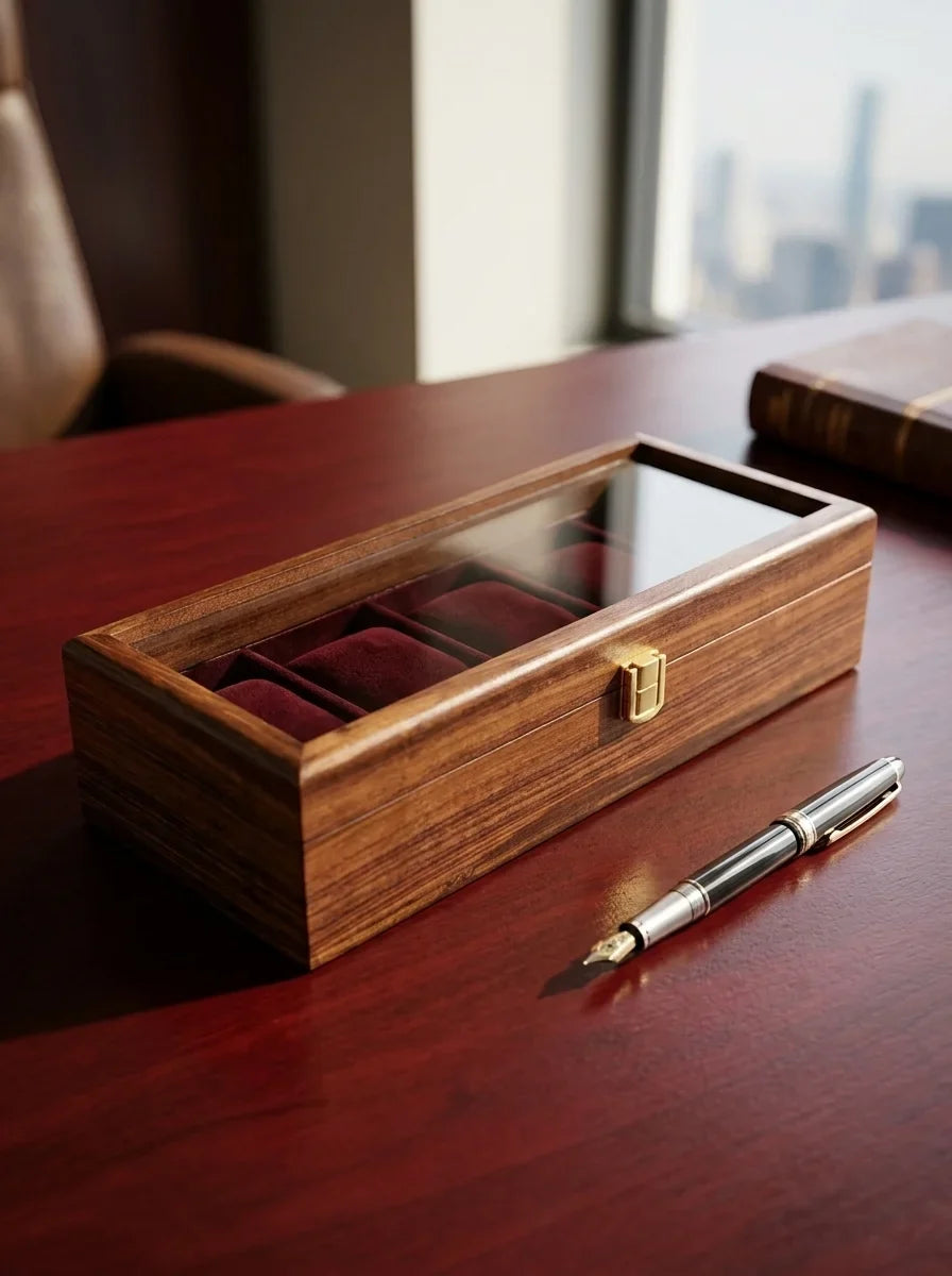 Handcrafted Sheesham Wood Watch Box with Glass Lid | Organizer for 5 Watches