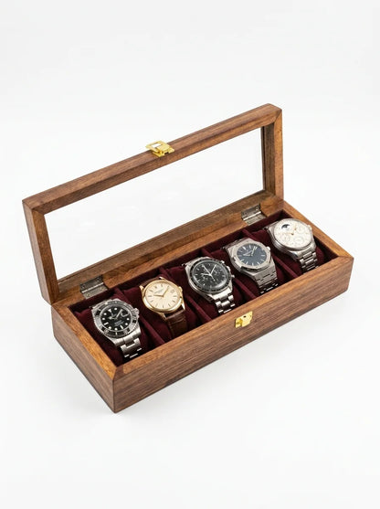 Handcrafted Sheesham Wood Watch Box with Glass Lid | Organizer for 5 Watches